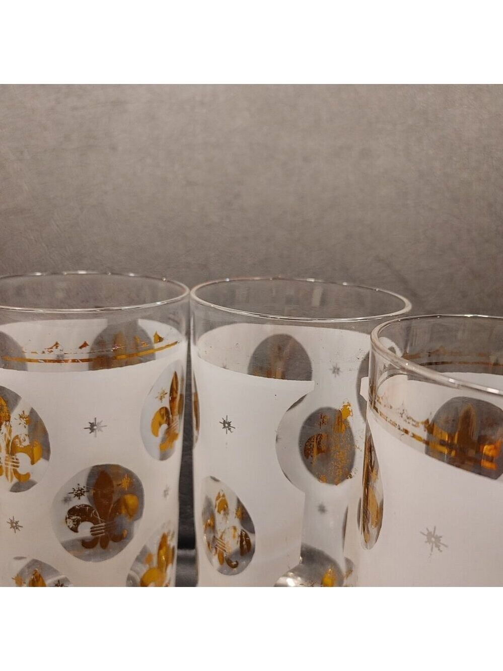Libbey Highball Glasses Frosted Fleur de Lis Gold Rim 1950s Set of 6 - Picture 6 of 10